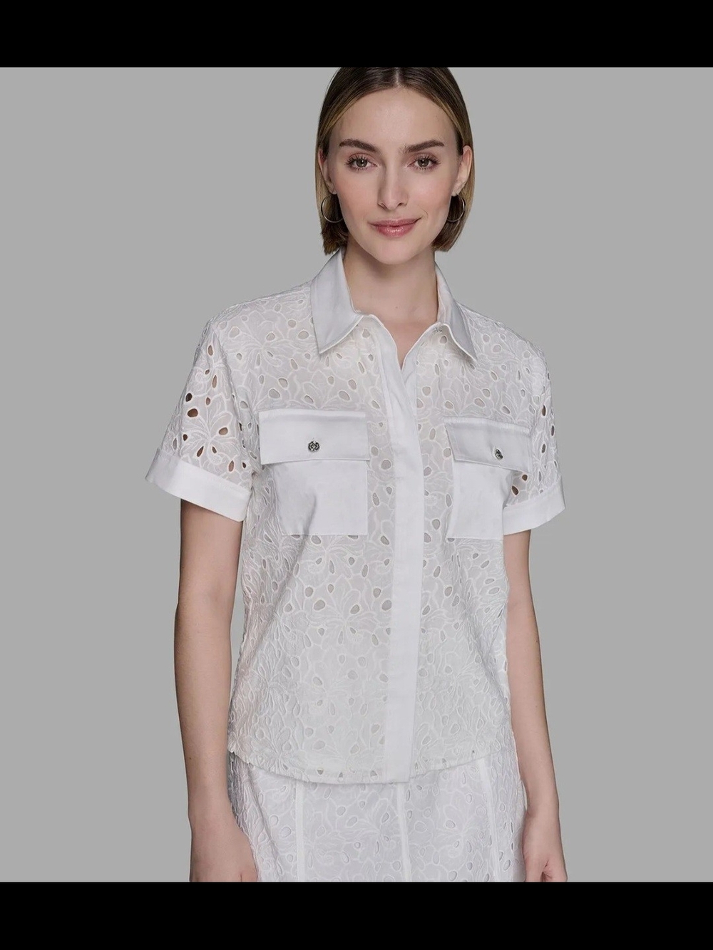 Karl Lagerfeld White Eyelet Short Sleeve Button-Up Blouse